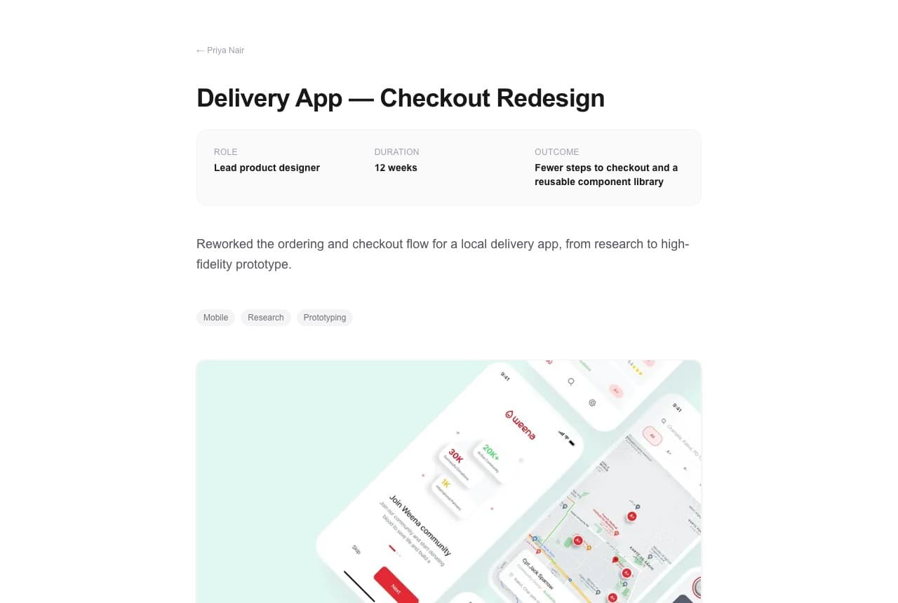 A UX case study page with role, duration and outcome